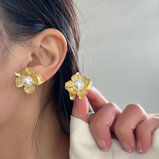 Mới Ba Chiều Camellia Ngọc Trai Bông Tai Tính Khí Thanh Lịch Hoa Ánh Sáng Sang Trọng Pháp Tính Khí Retro Bông Tai Hoa Nữ