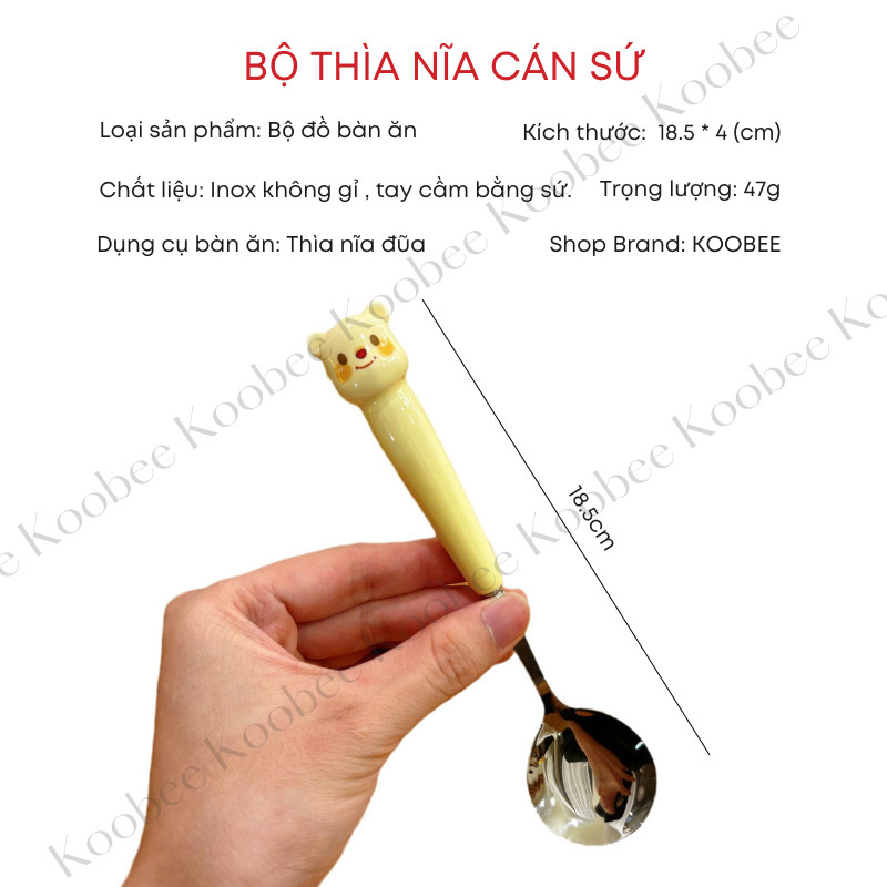 Bộ Đũa Thìa Nĩa Cán Sứ  Cao Cấp Hình Gấu Cute Họa Tiết Vẽ Tay Thủ Công - Có Hộp Đựng Tiện Dụng - Quà Tặng Ý Nghĩa | 272