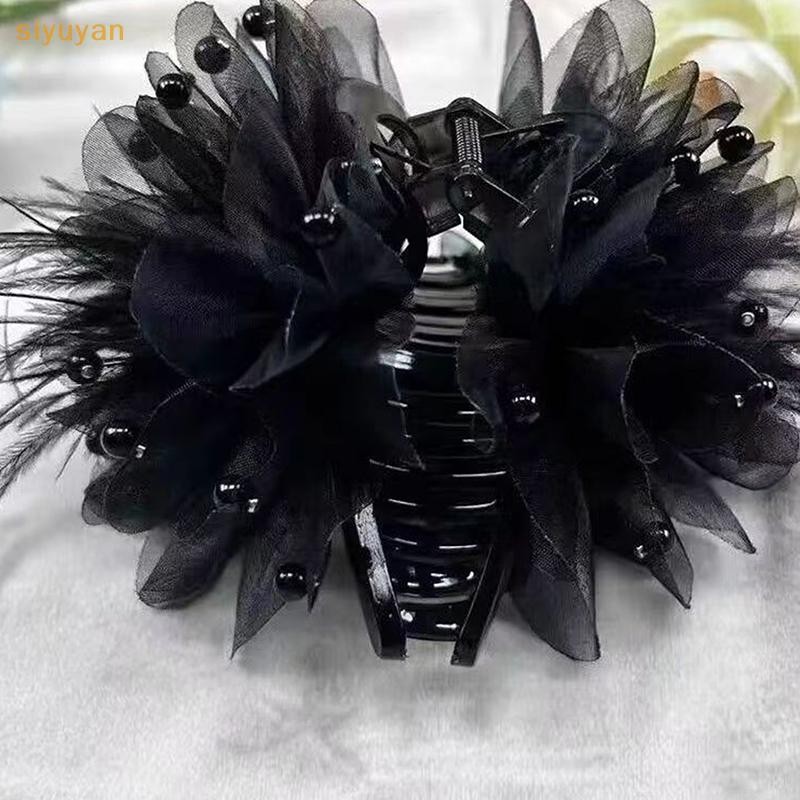 Siyuyan Hàn Quốc Nữ Thời Trang Lưới Hoa Phụ Kiện Tóc Organza Ngọc Trai Đen Kẹp Tóc Mũ VN