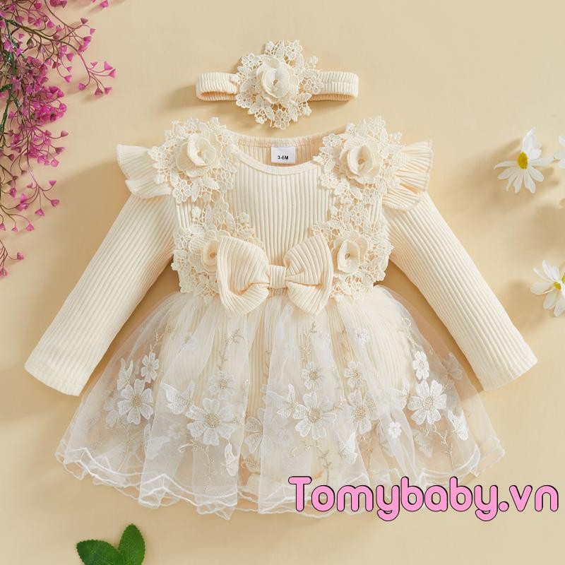 Bộ áo liền quần lưới ren chắp vá dài tay cho bé gái + Băng đô dễ thương