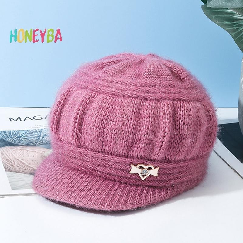 < Honeyba > Len Mũ Thời Trang Nữ Sang Trọng Dệt Kim Bảo Vệ Tai Gió Màu Trơn Bầu Không Khí Đơn Giản Mùa Thu Đông Mũ Ấm Áp