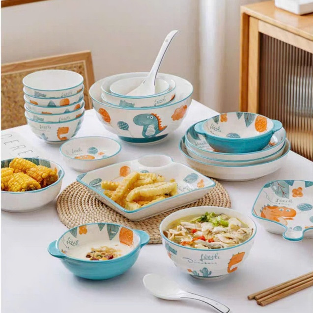Bán lẻ bộ bát đĩa sứ họa tiết khủng long decor dễ thương