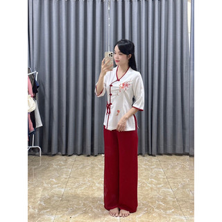 set lụa thêu bông đào pháp phục đi chùa, cổ tim trẻ trung