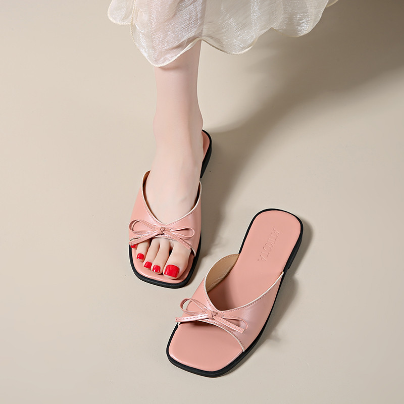 Atikota Thời Trang Nữ Sandal Đầu Vuông Nơ Mở Mũi Đi Biển Đa Năng Xăng đan Flat