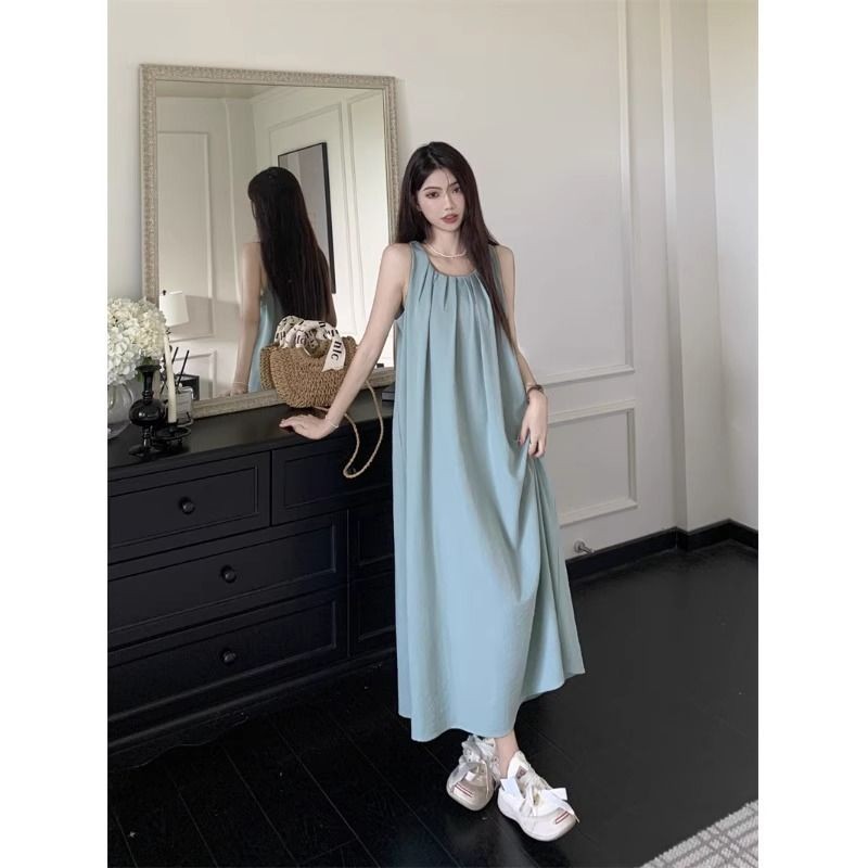 Đầm dài không tay cổ dây cho phụ nữ, thời trang mới mùa hè, phong cách nghỉ dưỡng bãi biển