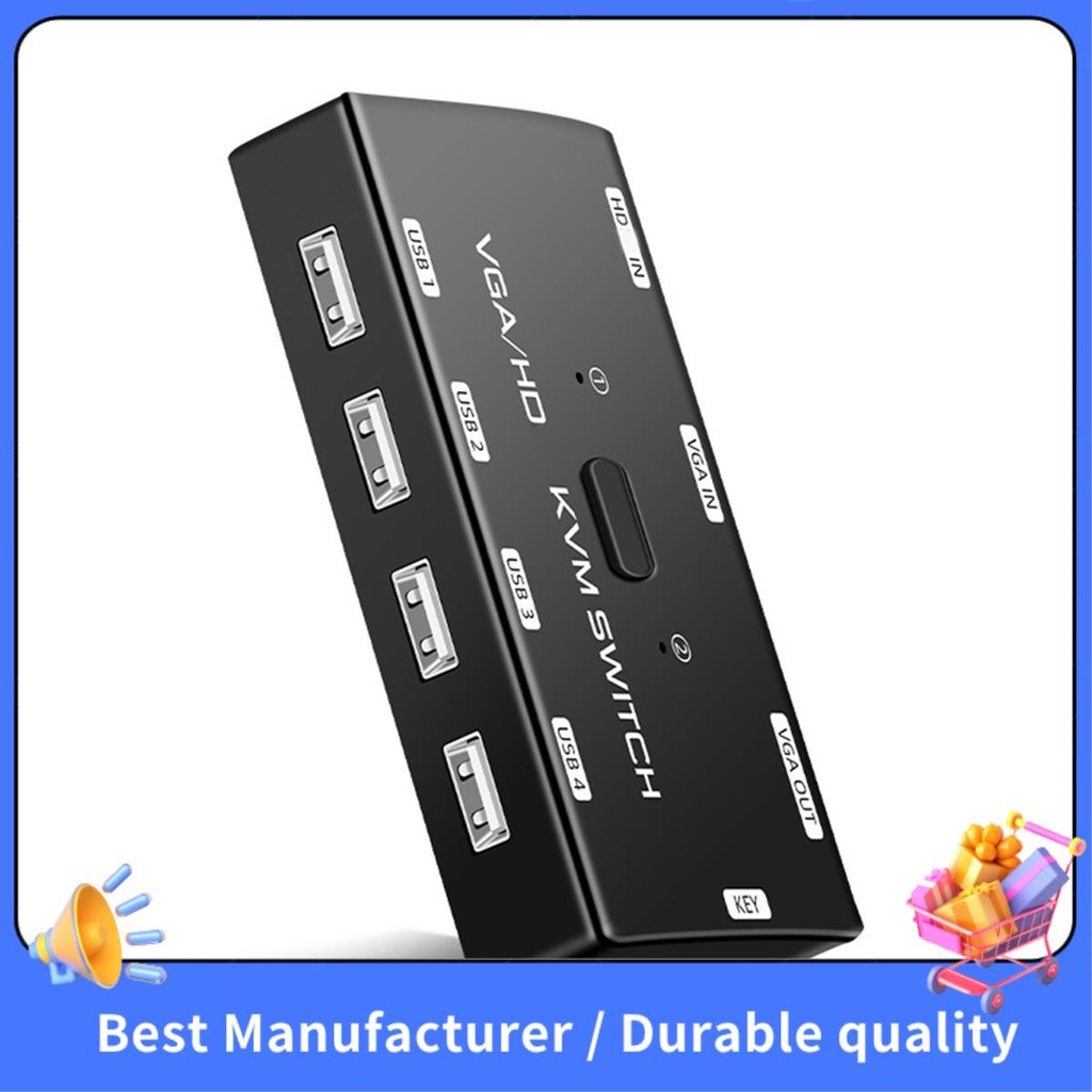 KVM Switch VGA + -Công tắc KVM 1080P tương thích với cổng USB 2.0 cho 2 máy chủ Chuột chia sẻ Màn hình Keyboad Dễ sử dụng