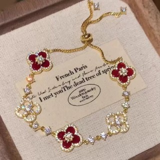 Vòng tay nữ cỏ 4 lá Vỏ Tự Nhiên Kẻ Sọc Zircon Vòng Tay Hồng Đỏ May Mắn Bốn Lá Cỏ Ba Lá Vàng Tinh Tế Ánh Sáng Sang Trọng Có Thể Điều Chỉnh Vòng Tay