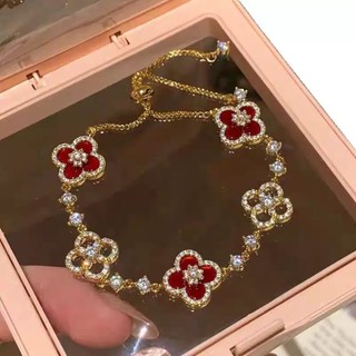 Vòng tay nữ cỏ 4 lá Vỏ Tự Nhiên Kẻ Sọc Zircon Vòng Tay Hồng Đỏ May Mắn Bốn Lá Cỏ Ba Lá Vàng Tinh Tế Ánh Sáng Sang Trọng Có Thể Điều Chỉnh Vòng Tay