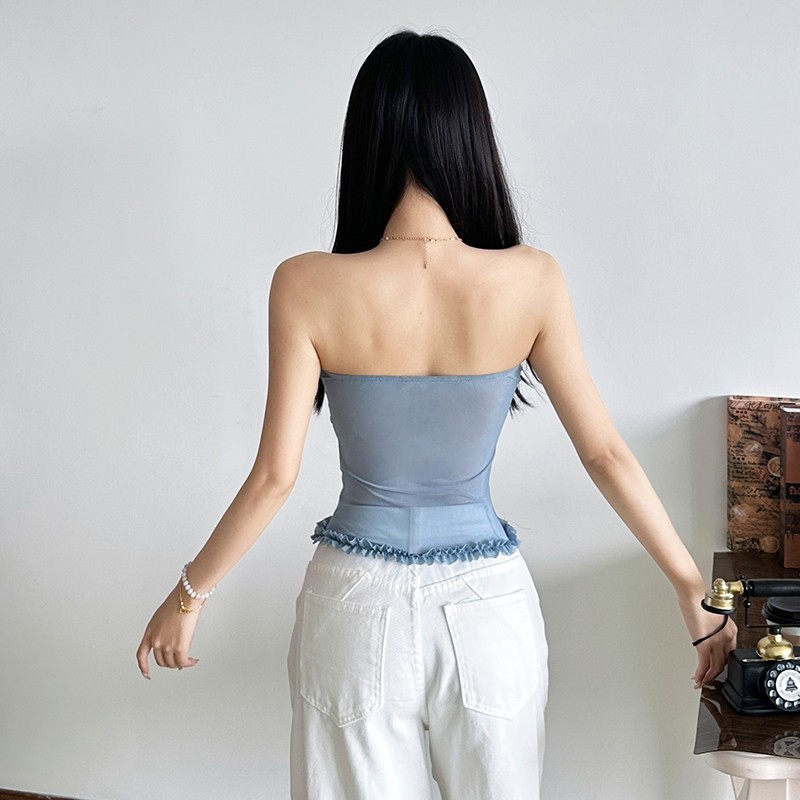 Klalien Gấp Gợi Cảm Áo quây Y2K Chắp Vá Nhìn Xuyên Qua Skinny Xu Hướng Mùa Hè Không Lưng Hoang Dã Cơ Bản Đường Phố Kỳ Nghỉ Sang Trọng Vest