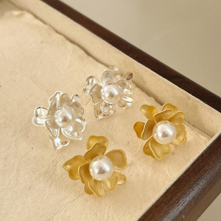 Mới Ba Chiều Camellia Ngọc Trai Bông Tai Tính Khí Thanh Lịch Hoa Ánh Sáng Sang Trọng Pháp Tính Khí Retro Bông Tai Hoa Nữ