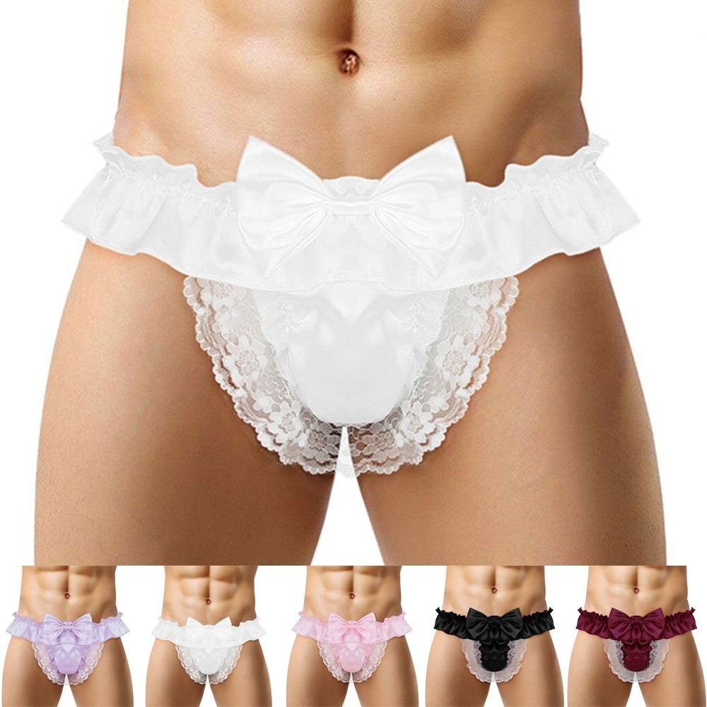 {WELV}Men's Sexy Satin Lace See Through Panties G String Thong Briefs Lingerie
