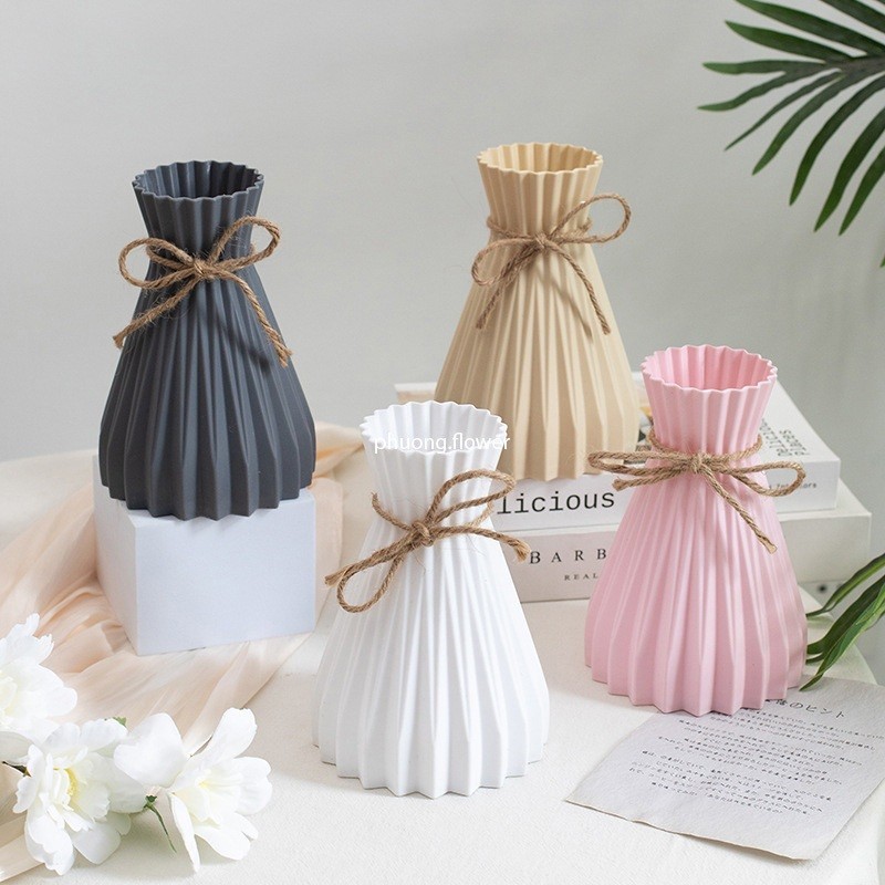 Bình hoa lọ hoa nhựa dáng Origami thắt lưng giả gốm decor phong cách bắc âu họa tiết sọc đơn giản hiện đại sẵn dây gai