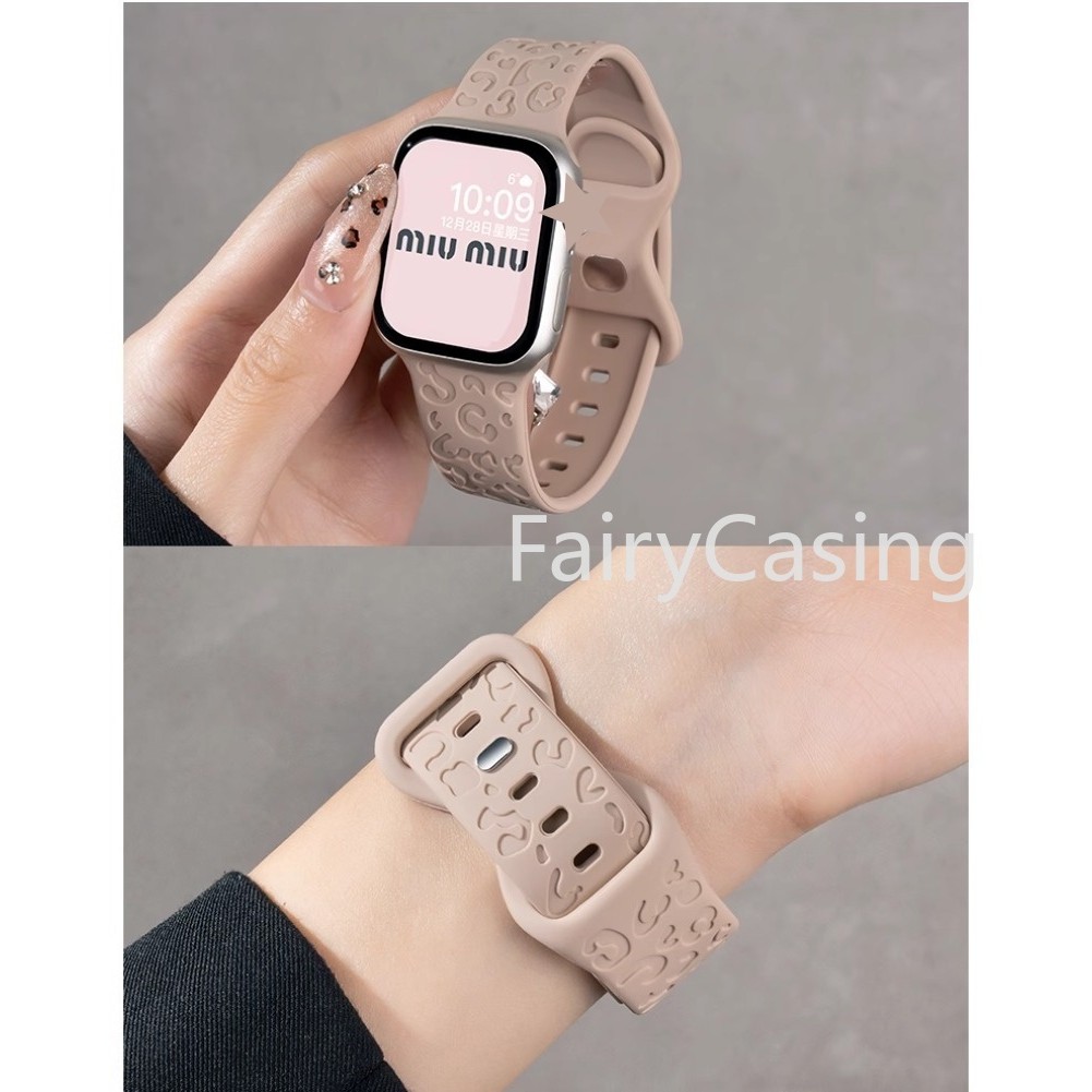 Dây đeo S11 khắc cho Apple Watch 46mm 42mm Series 10 Ultra 2 49mm 45mm 44mm 41mm 38 40mm Vòng tay in hình da báo bằng silicon mềm Iwatch 9 8 7 Se 3 6 5 4 3