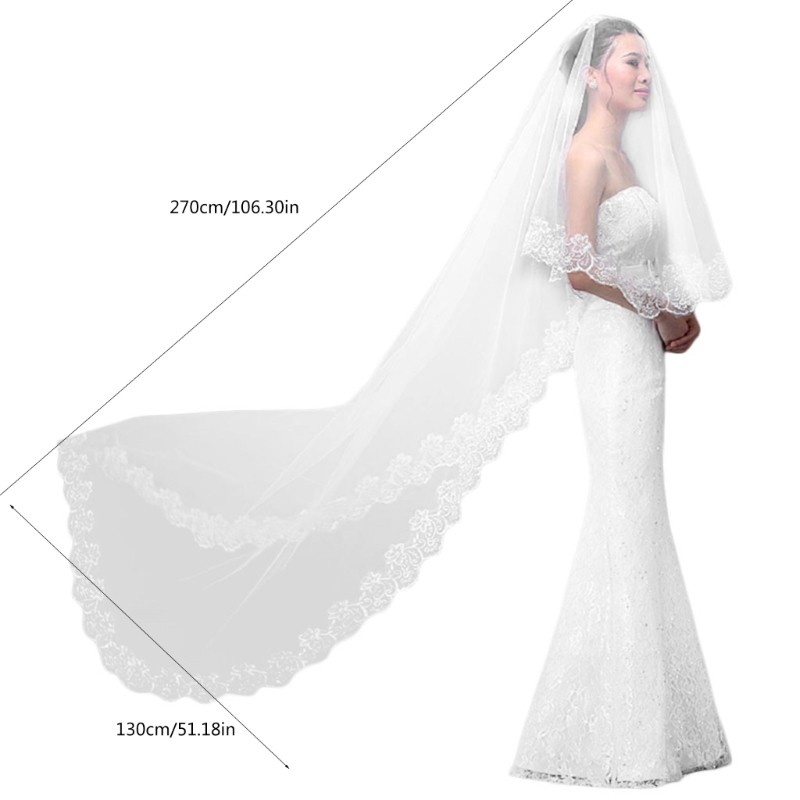 Pealike Women Pure White Wedding Veil cho viền vỏ sò thêu hoa dài