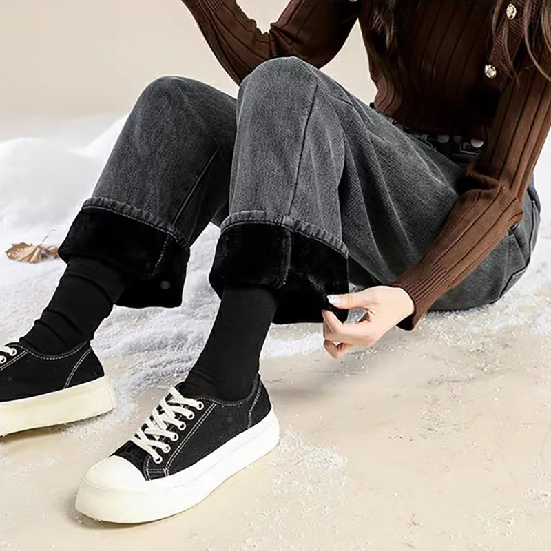 Quần bò Lót nhung quần bò ống đứng cạp cao dày dặn quần ống rộng dễ phối rộng rãi mẫu mới mùa đông cho nữ