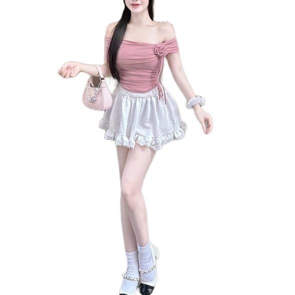 Sét áo bệt vai kèm Bông và chân váy đũi 1 tầng có quần trong