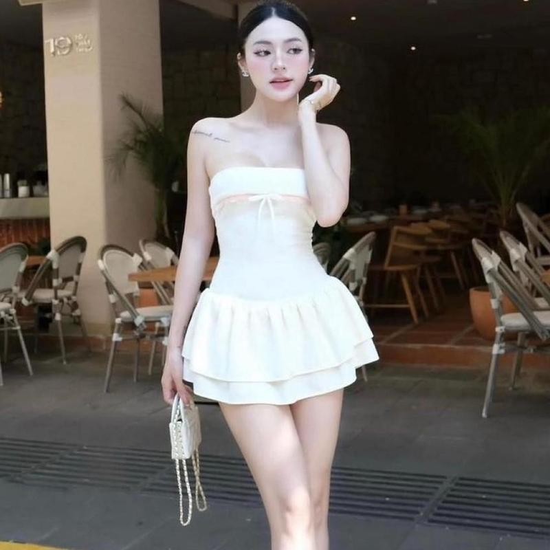 [kèm quần] Đầm Cúp Ngực Xoè Co Giãn Viền Ren Đính Nơ D128 Dress vaytet