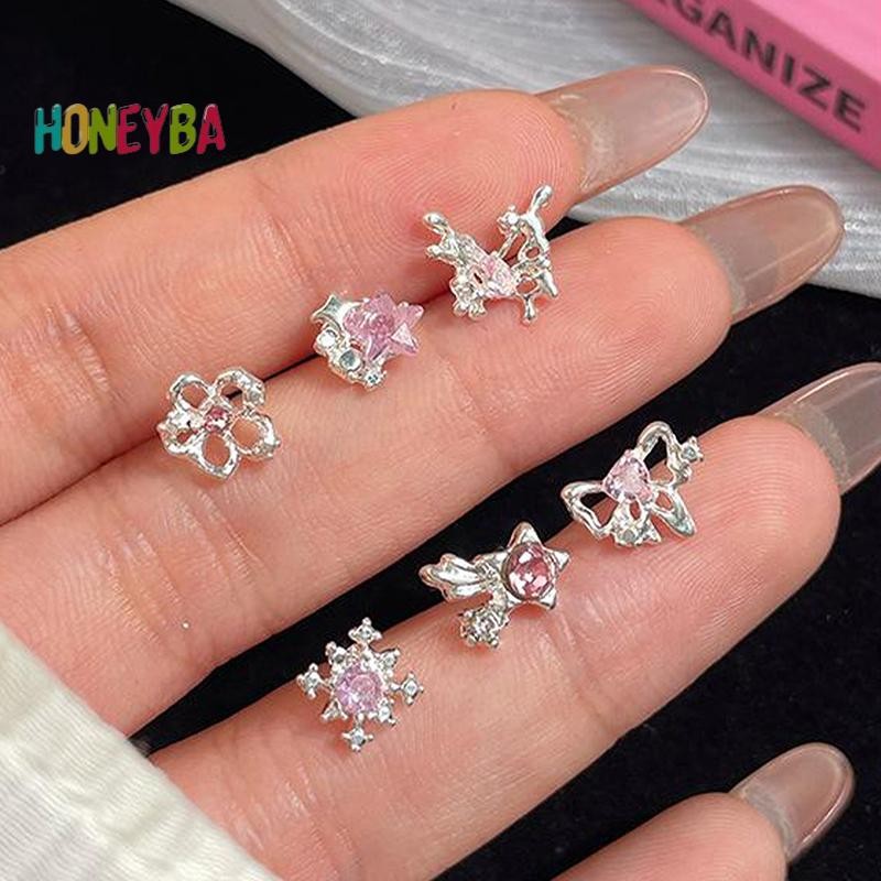 < Honeyba > 6 Bông tai hình trái tim ngọt ngào thời trang dành cho nữ Cô gái Bông tai khí chất thời trang cá tính Phụ kiện trang sức Quà tặng