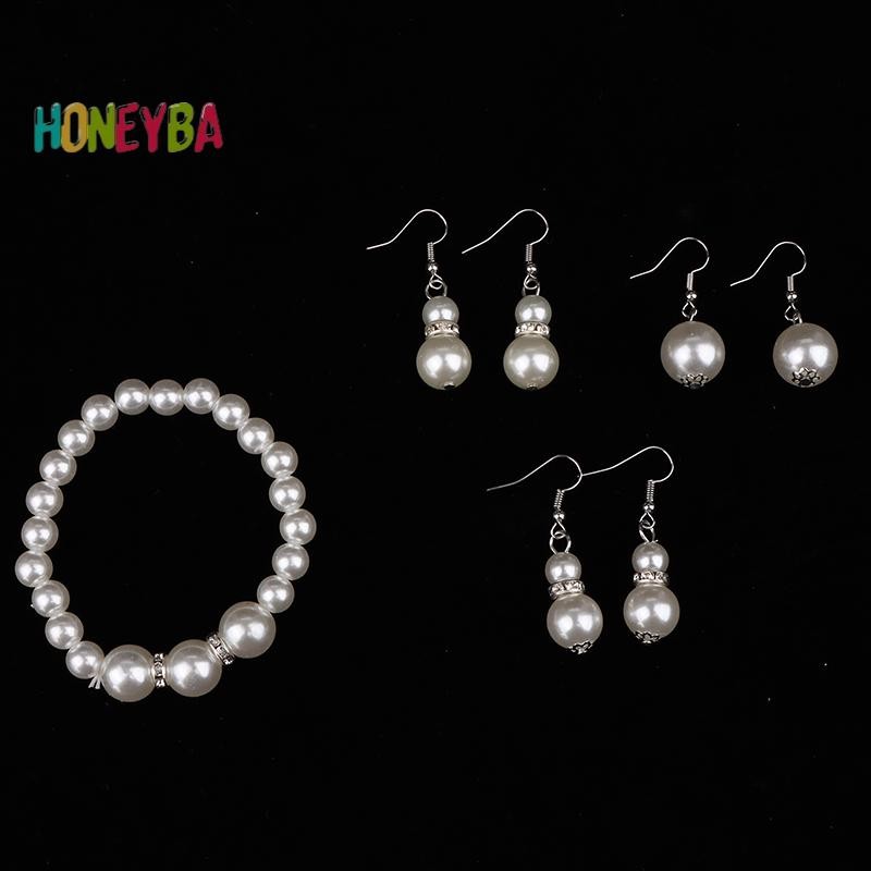 < Honeyba > Bộ trang sức cưới nữ cổ điển thời trang đính đá giả ngọc trai Vòng cổ vòng tay Bông tai Tiệc cưới Món quà trang sức