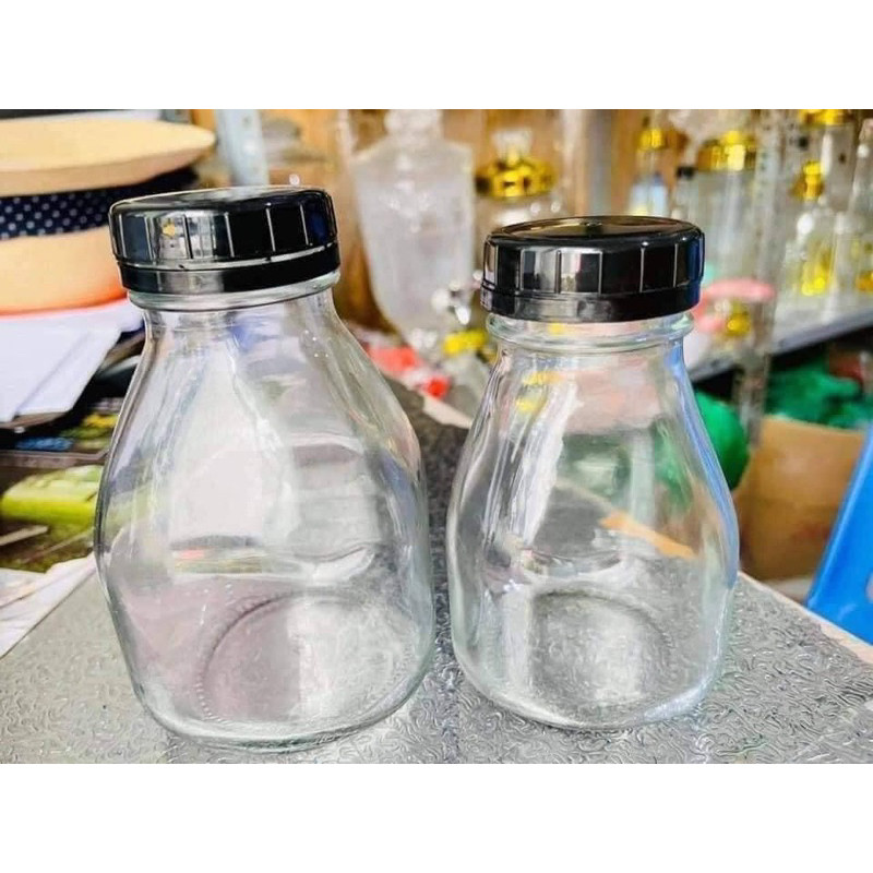 Chai thuỷ tinh vuông dáng lùn miệng rộng đựng nước ép , sữa hạt tiện lợi 300, 500ml