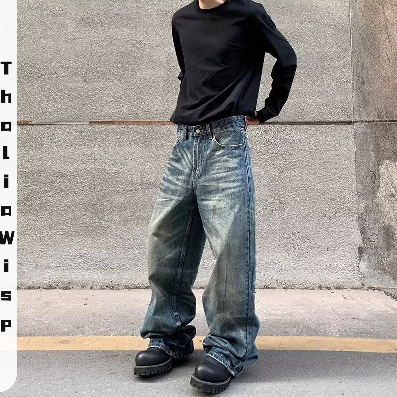 ThaliaWisp Quần Jean Nam Retro Phố Mỹ Nhật Bản Bông Tai Kẹp Thời Trang Mới Giặt Đau Khổ Quần Ống Thẳng