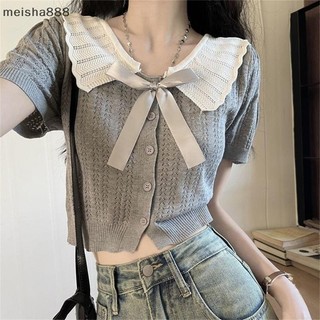 Meisha888 Mùa Hè Búp Bê Cổ Tay Ngắn Dệt Kim Áo Thun Nữ Sang Trọng Crop Top Đẹp