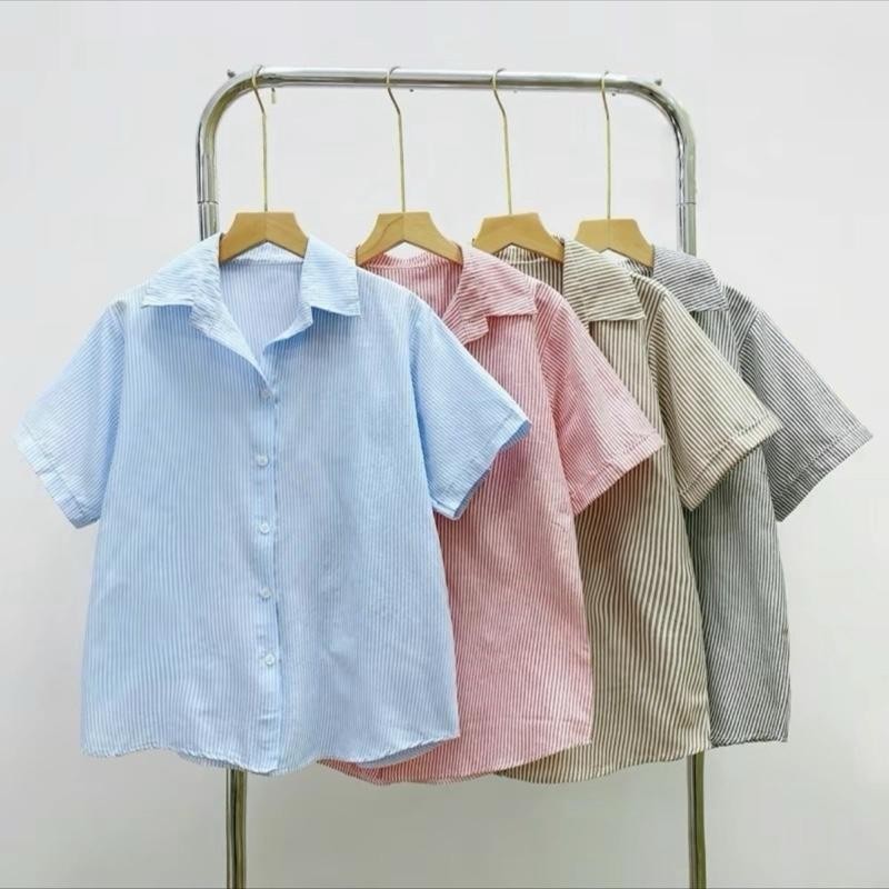 Áo Sơ Mi Kẻ Sọc Bigsize Nữ Tay Ngắn Phom Rộng Năng Động Thời Trang Đi Học Công Sở SM184