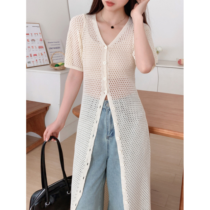 SUXI Áo len dệt kim dài tay ngắn rỗng dài tay mùa hè mới dành cho nữ 250411