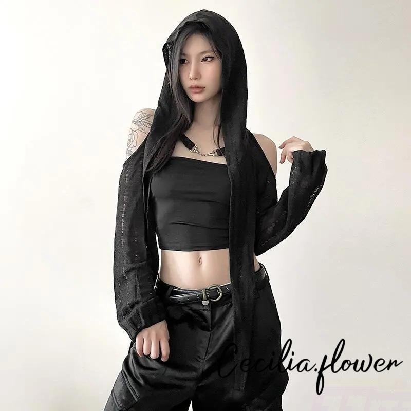 Phụ Nữ Suncreen Cardigan Rỗng Khóa Kim Loại Tay Dài Có Mũ Trùm Đầu Che Mùa Xuân Mùa Hè Thường Ngày Mềm Shrug