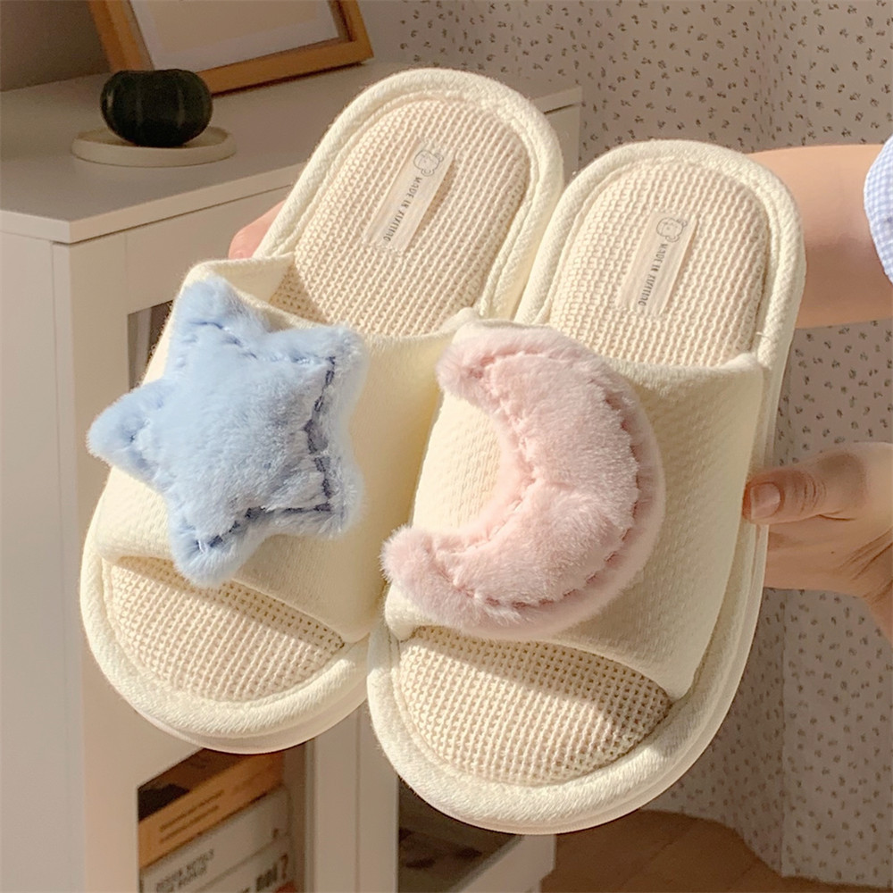 XIXITIAO Dép Nữ Bốn Mùa Trong Nhà Ngôi Sao Dễ Thương Mặt Trăng Vải Lanh Đế Mềm