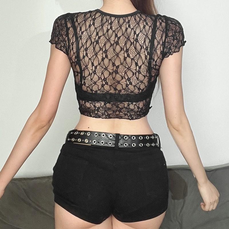 Klalien Áo Thun Nữ Ren Chắc Chắn Tay Ngắn Y2K Cổ Điển Cơ Bản Skinny Nhìn Xuyên Qua Sang Trọng Áo Tee Hot Girl Mùa Hè Nữ