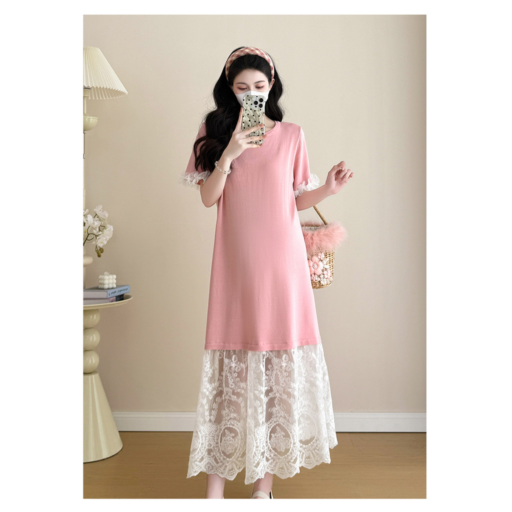Trang phục bà bầu Mùa hè dệt kim khâu dáng rộng Plus Size Đầm