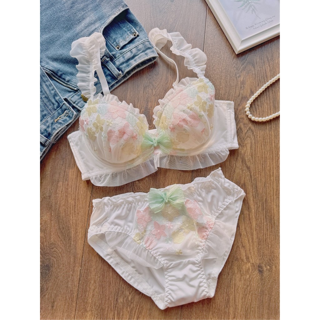 Bộ áo ngực cốc mỏng thêu cô gái ngọt ngào Nhật Bản Bộ đồ lót cốc lớn cỡ lớn