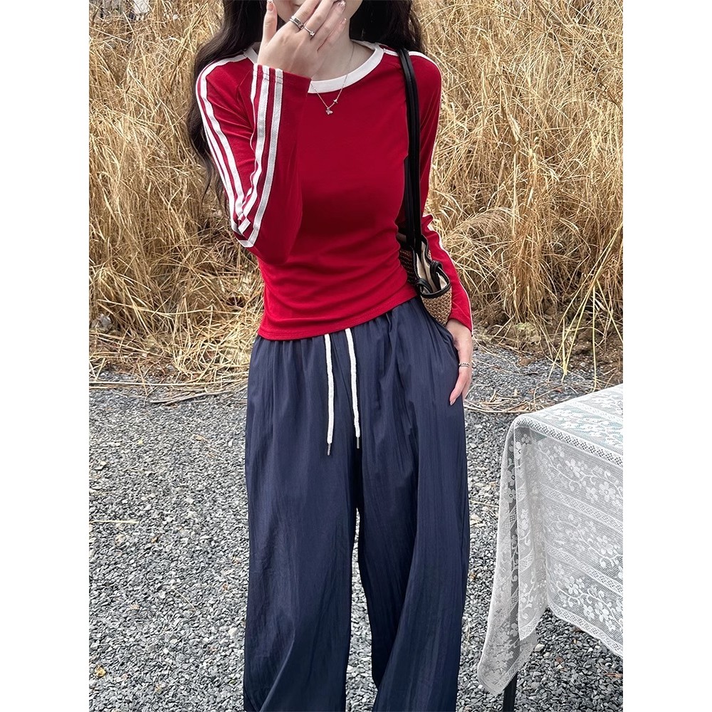 Milyfashion  Dralon American Striped Shoulder Long Sleeve Red T T-shirt round Neck Early Autumn Slim-Fitting New Bottoming Hot Girl Short Top