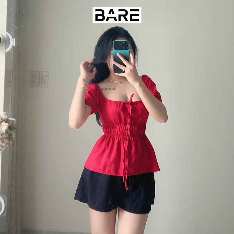 Áo kiểu tay bồng cột nơ chất linen, Áo babydoll tiểu thư dễ thương bo chun thân xinh xắn_A374 Nữ Top Women