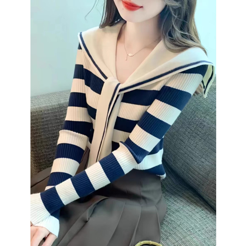 Suxi Pháp Retro Sọc Thu Đông Mới Áo Len Dệt Kim Dài Tay Áo Len Nữ 241118