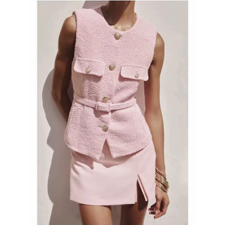 Áo gile Zara made in Morocco tweed màu xinh hồng xanh