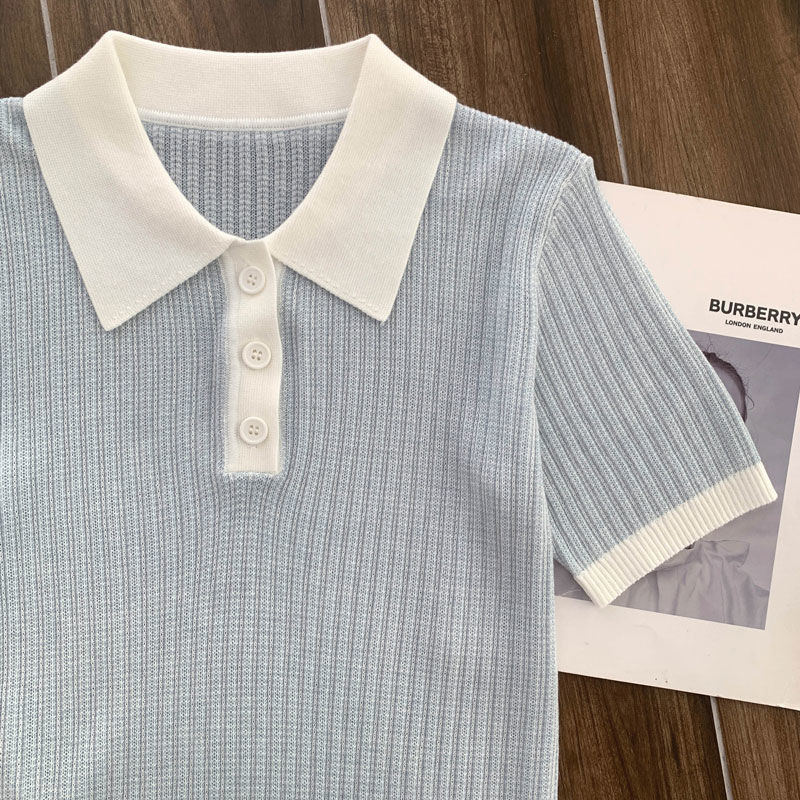 SUXI Áo sơ mi Polo đeo vai thẳng màu xanh đơn giản mới dành cho nữ mùa hè 250409