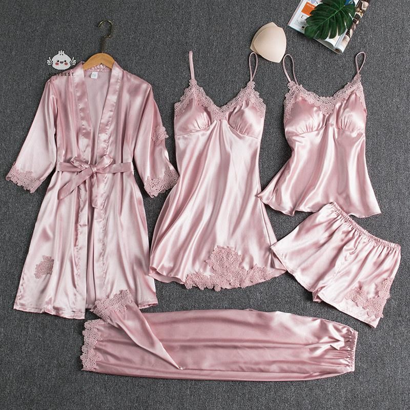 Maybest 5PC Áo choàng lụa Bộ đồ ngủ cho nữ Ren Satin Bộ đồ ngủ Bộ áo choàng cổ chữ V Cami Nighties Mặc Pijama Home Váy ngủ mùa xuân {VN}