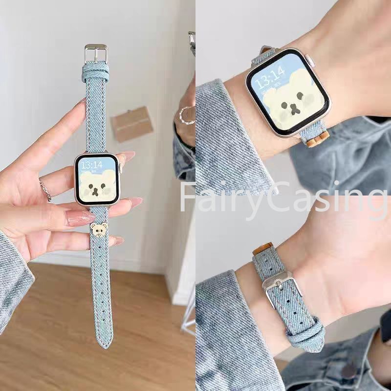 Dây đeo Denim gấu nhỏ cho Apple Watch Series 10 9 8 7 38 40 41mm 42mm 44 45mm 46mm Ultra2 49mm iwatch Vòng tay mỏng