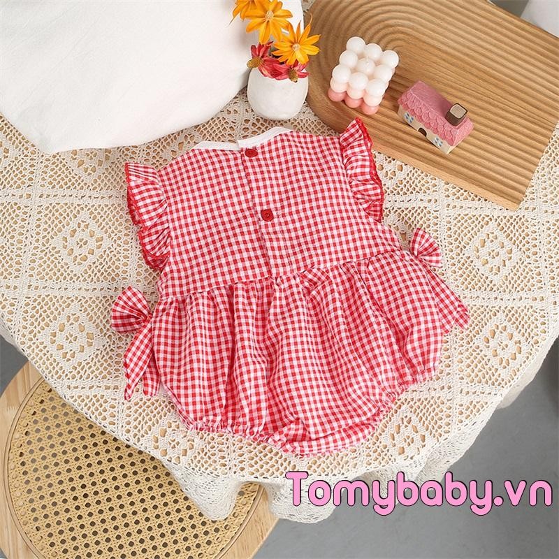 Bộ áo liền quần cổ tròn không tay thêu dâu tây cho bé gái