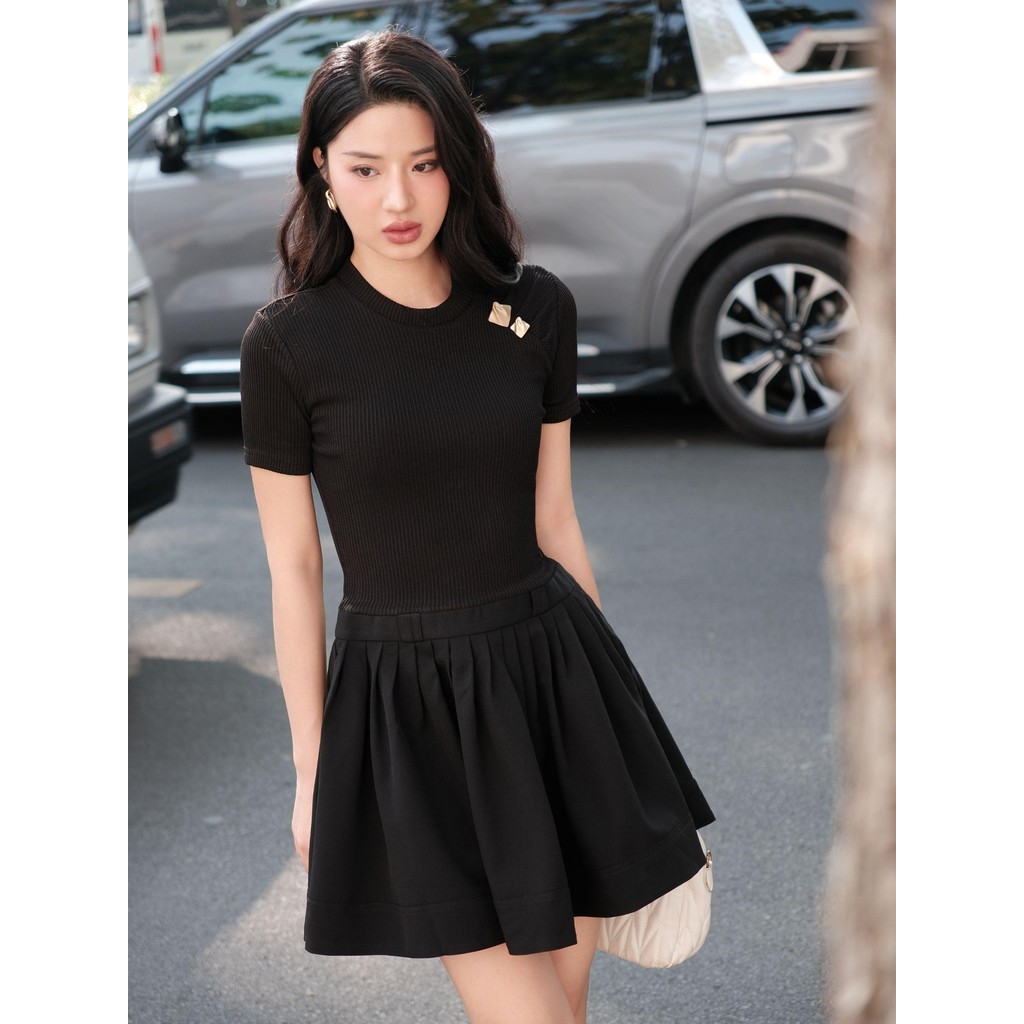 Ảnh JOVEN Đầm Nữ Celeste Ngắn Phối 2 Chất Liệu Cổ Tròn Tay Ngắn 1