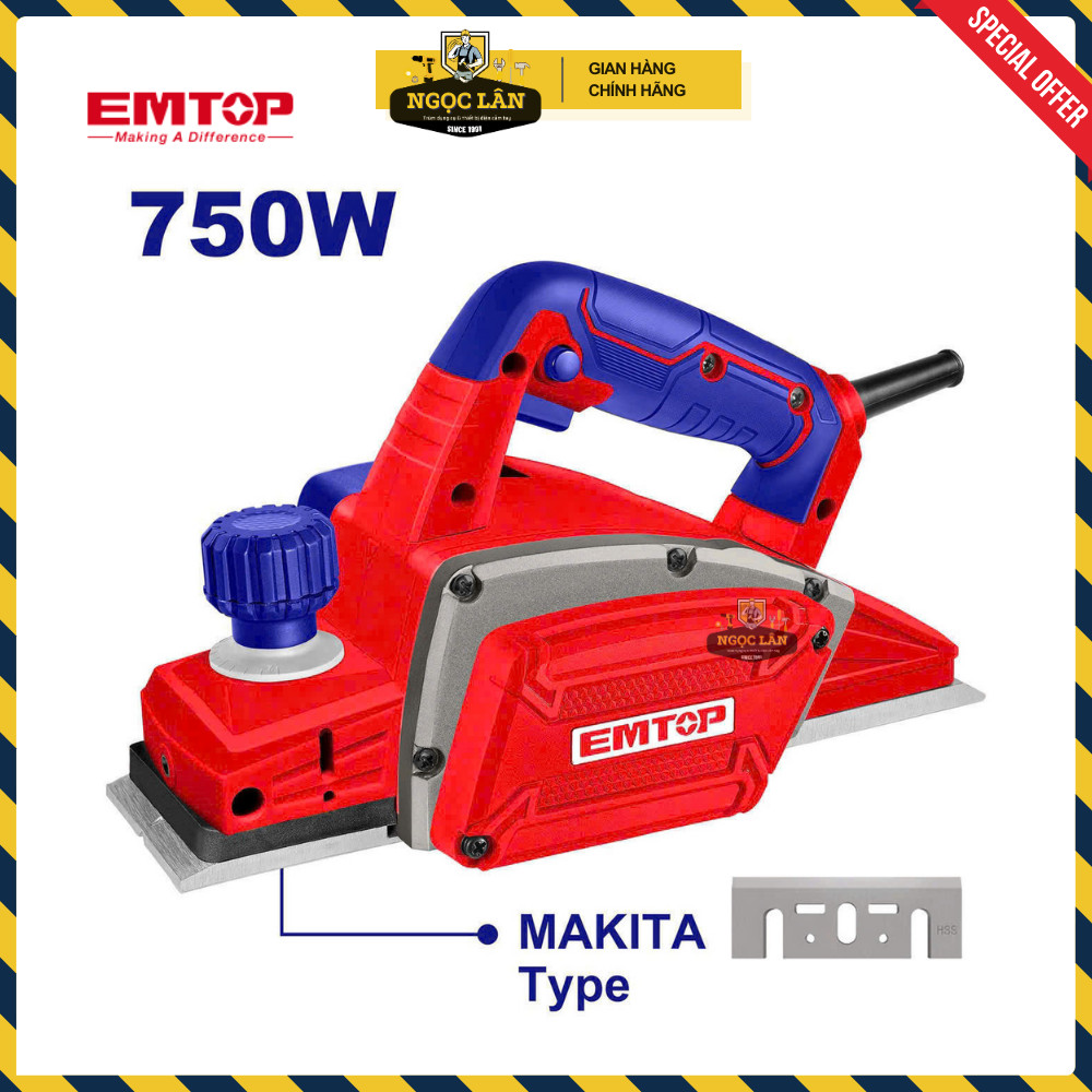 [Chính hãng] Máy bào gỗ cầm tay điện EMTOP 750W lưỡi bào 82x2mm cao cấp