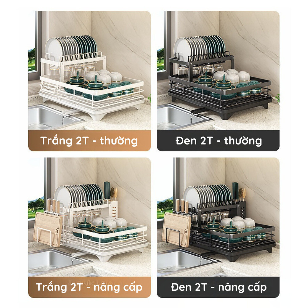 Giá Úp Bát Chén Thép Carbon Chống Gỉ, Kệ Úp Bát Thoát Nước Kèm Ống Đũa 2 Tầng Thông Minh