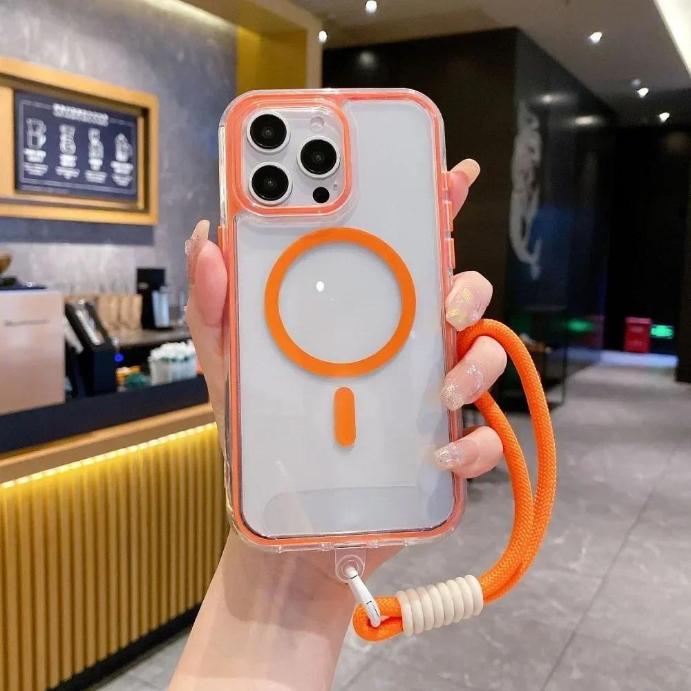 Ốp điện thoại dây đeo cổ tay trong suốt cho iPhone 16 Pro Max 15 14 Plus 13 12 11 Vỏ bảo vệ chống sốc