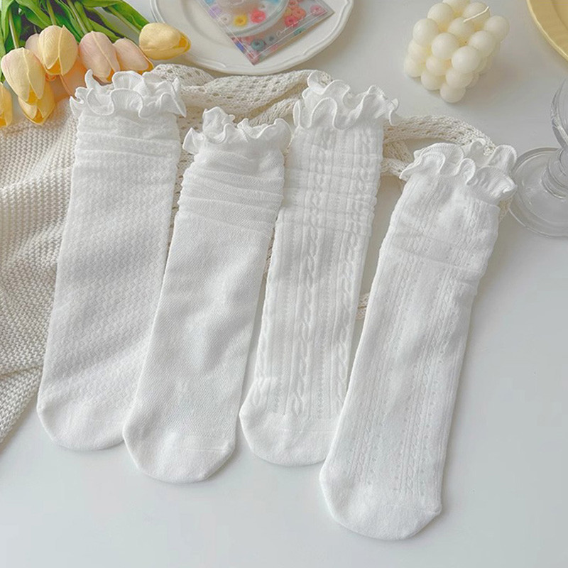 Vớ trắng ren cổ cao nữ gợn sóng độc đáo thoáng khí chống vi khuẩn và khử mùi