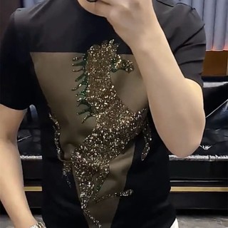 Station Street Wear Light Quần áo nam sang trọng 2023 Ice Silk Hot Diamond Áo thun ngắn tay Slim-Fit Đẹp trai Top 11.13