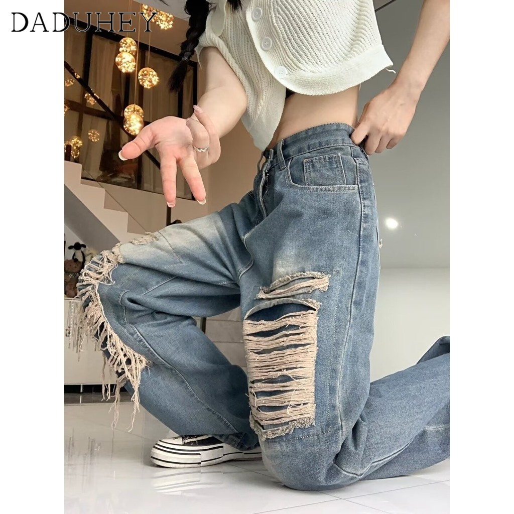 Ảnh DaDuHey New American Ins High Street Hip Hop Ripped Jeans Niche High Waist Loose Wide Leg Pants Trousers 3