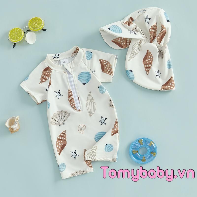 Bộ đồ bơi bé trai mới biết đi In vỏ sò Dây kéo tay ngắn chống nắng Bộ đồ tắm có nắp bơi