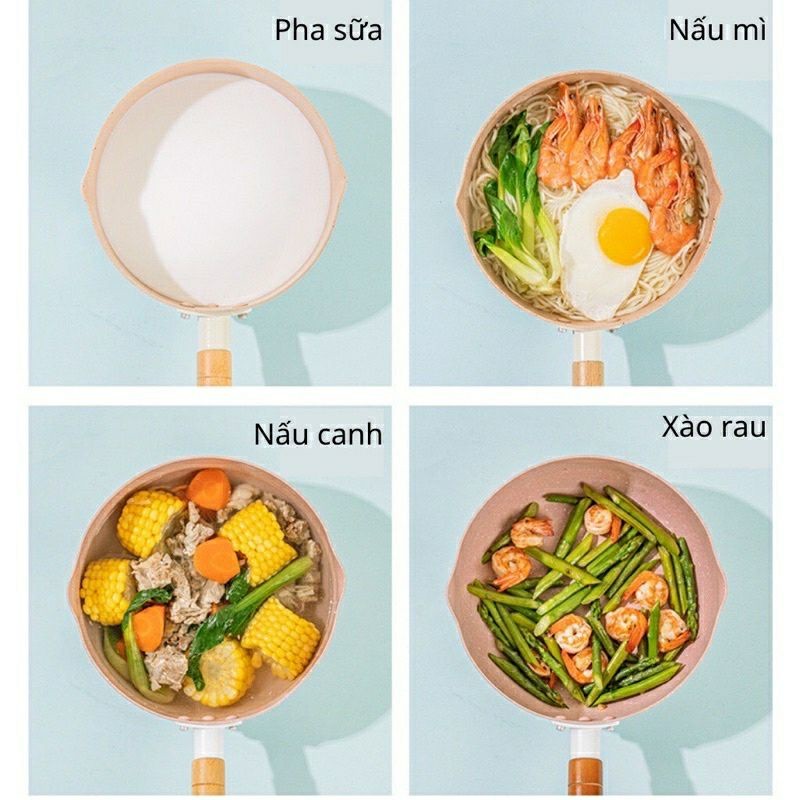 Chảo đá đáy từ chống dính sâu lòng đa năng tay cầm gỗ dài Pastel - Chảo chống dính lúa mạch bếp từ 18cm xinh xắn